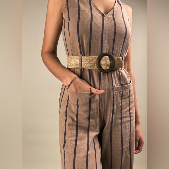Simons Linen Blend Lined Jumpsuit With Adjustable Straps And Waist Sash | Small - Picture 3 of 14